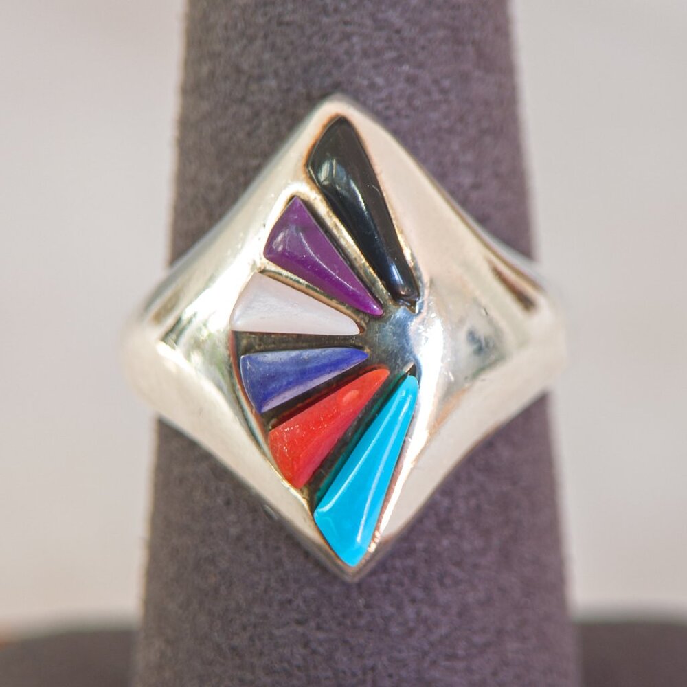 Vintage Cha Ray Inlay Ring (1989) – Sterling Silver w Turquoise, Coral & Lapis